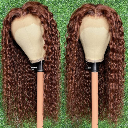 Reddish Brown Water Wave 13x4 Wigs Remy Human Hair Pre-Plucked 180% Density With Baby Hair 50% OFF