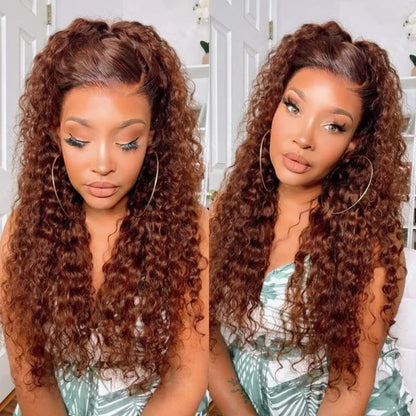 Reddish Brown Water Wave 13x4 Wigs Remy Human Hair Pre-Plucked 180% Density With Baby Hair 50% OFF