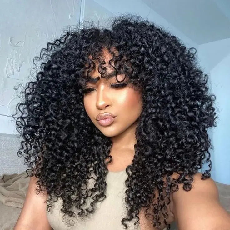 Kinky Curly Wig With Bangs Brazilian Remy Human Hair Glueless wig Super Sale