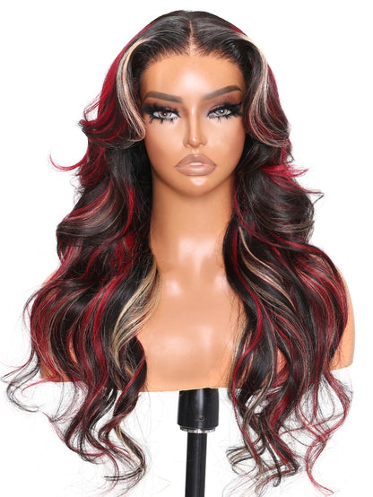 Red Blonde Highlights 13x4 Lace Wigs Human Hair