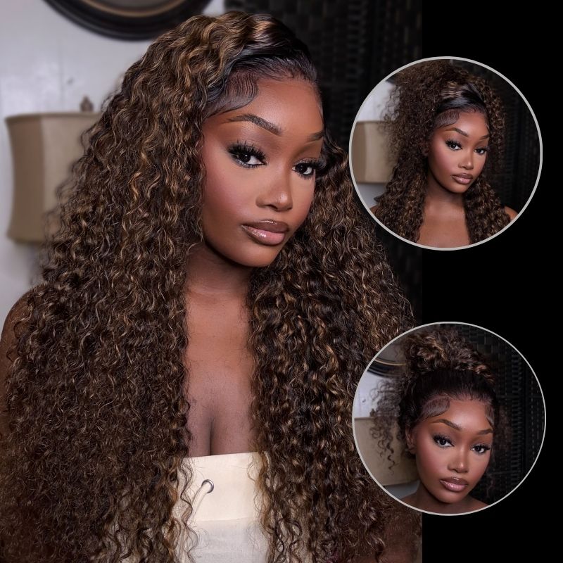 Water Wave 360 Lace Frontal Wig Pre-Bleached &amp; Pre-Cut Brown Balayage with Invisi Strap Adjustable Fit