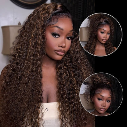 Water Wave 360 Lace Frontal Wig Pre-Bleached &amp; Pre-Cut Brown Balayage with Invisi Strap Adjustable Fit