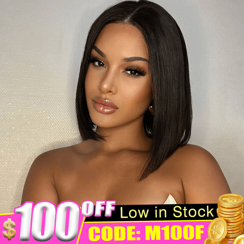 Code:M100F | Straight Short Bob Wigs 13X4 Lace Frontal Wig Human Hair Pre Plucked Super Sale