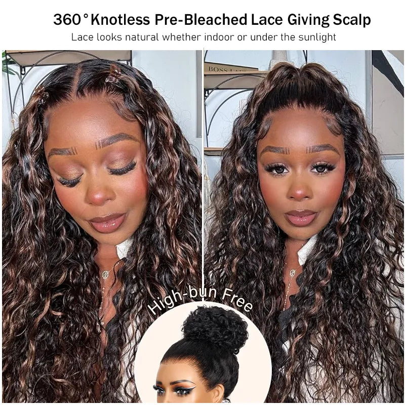 Water Wave 360 Lace Frontal Wig Pre-Bleached &amp; Pre-Cut Brown Balayage with Invisi Strap Adjustable Fit