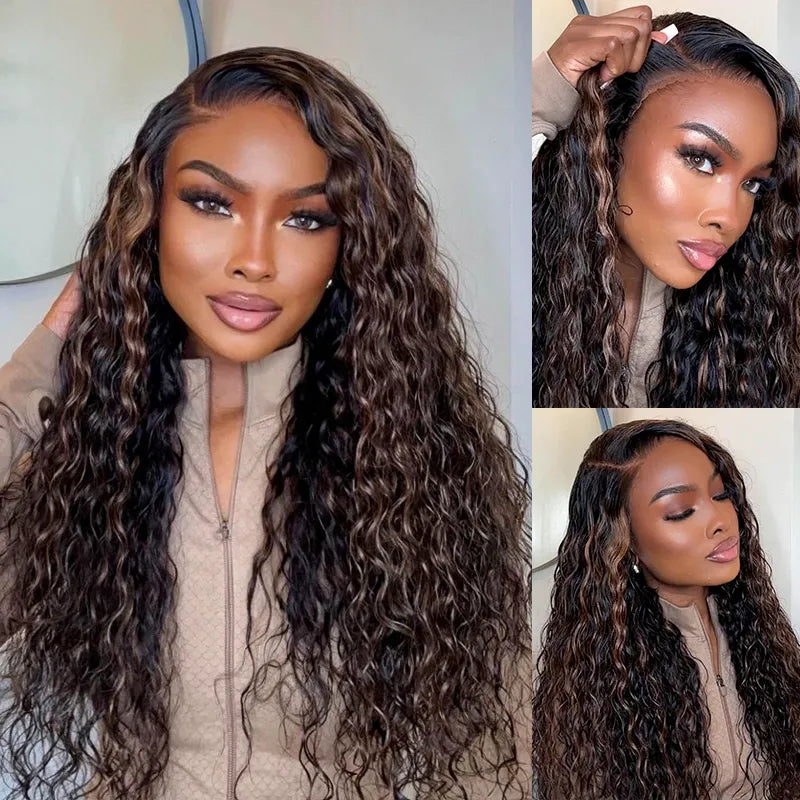 Water Wave 360 Lace Frontal Wig Pre-Bleached &amp; Pre-Cut Brown Balayage with Invisi Strap Adjustable Fit