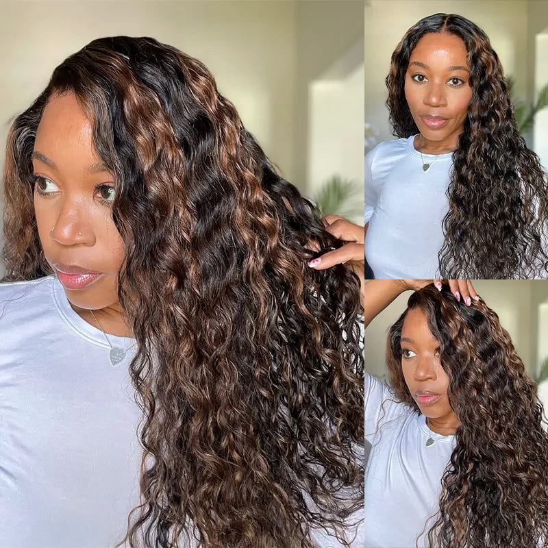 Water Wave 360 Lace Frontal Wig Pre-Bleached &amp; Pre-Cut Brown Balayage with Invisi Strap Adjustable Fit