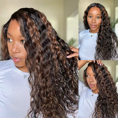 Water Wave 360 Lace Frontal Wig Pre-Bleached &amp; Pre-Cut Brown Balayage with Invisi Strap Adjustable Fit