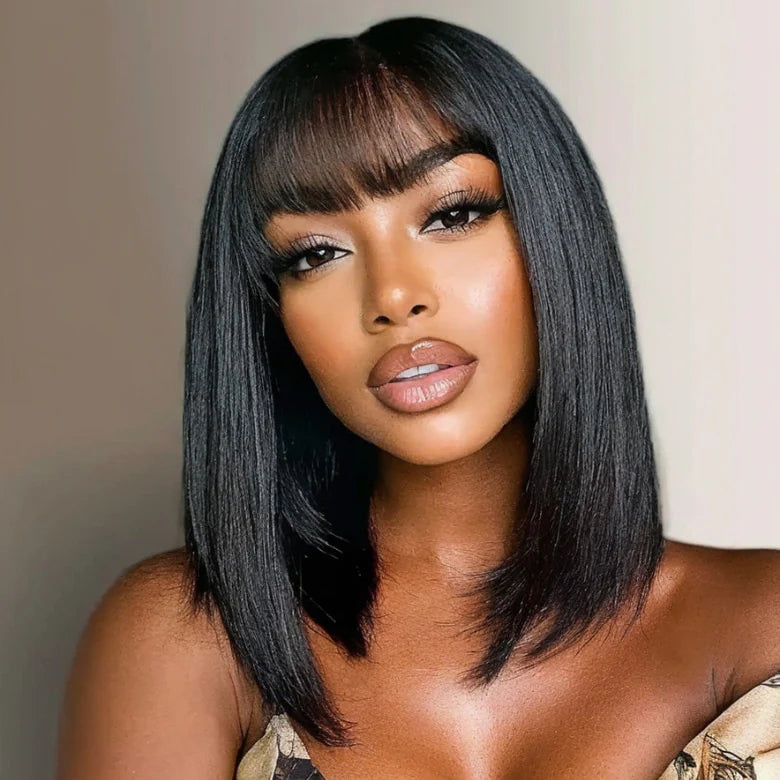 Bone Straight Bob Wig With Blunt Cut Bangs Glueless Human Hair Wig Super Sale