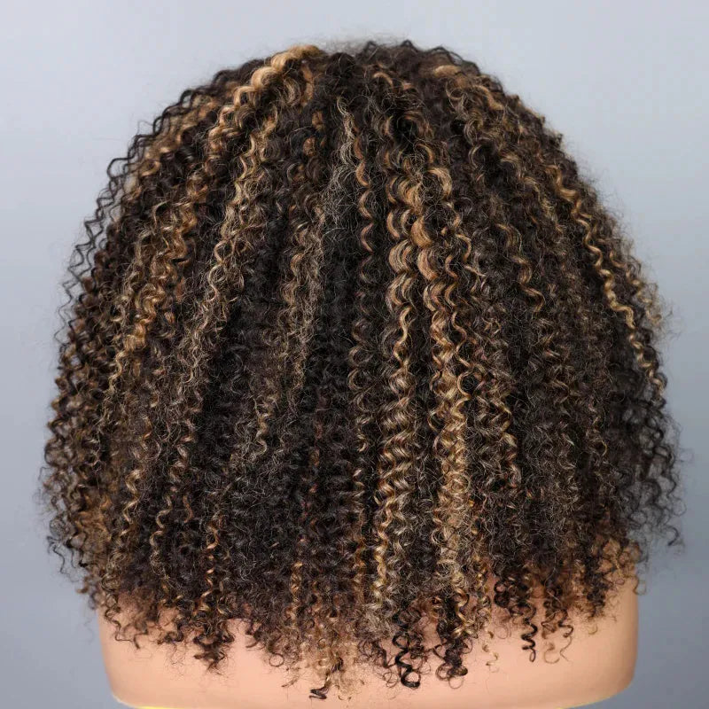 Blonde Highlight Kinky Curly Glueless Drawstring Half Wig Human Hair 3 In 1 Half Wig Invisible Hairline Protective Style