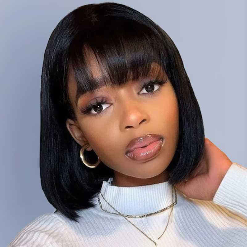 Bone Straight Bob Wig With Blunt Cut Bangs Glueless Human Hair Wig Super Sale