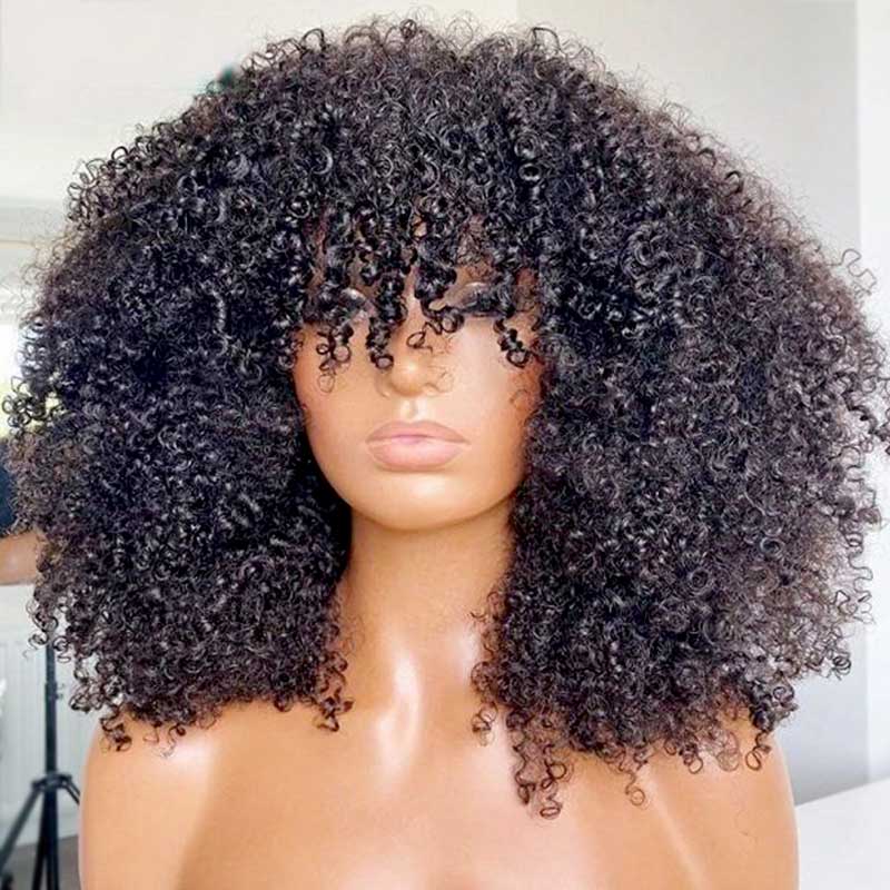 Kinky Curly Wig With Bangs Brazilian Remy Human Hair Glueless wig Super Sale