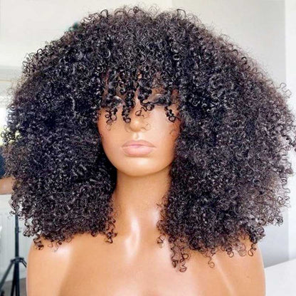 Kinky Curly Wig With Bangs Brazilian Remy Human Hair Glueless wig Super Sale