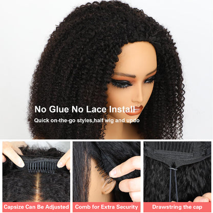 3 In 1 Half Wig Afro Kinky Curl Wear &amp; Go Drawsting Wig No Glue Need Flip Over Half Wig Seamless Clip In