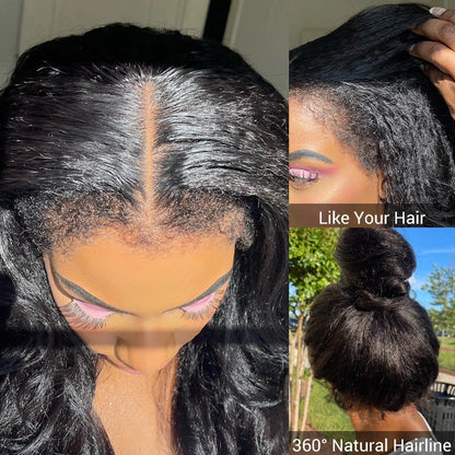 Minice Glueless Newborn Hairline Kinky Straight Invisi Strap Flexible Fit 360 Lace Front Glueless Wig With Bleached Knots