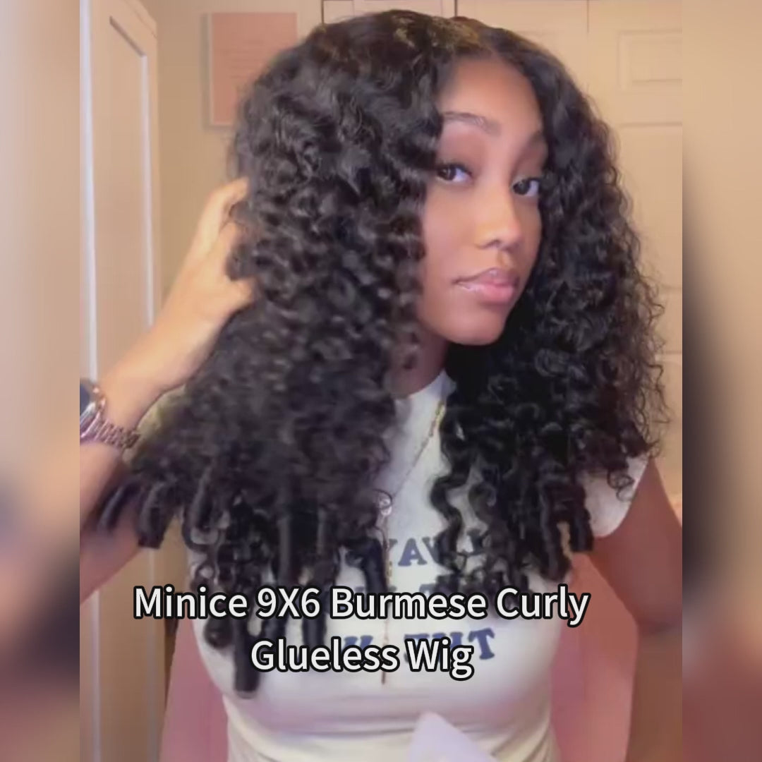 Minice Burmese Curly Glueless Wig Pre-cut 6X6 9x6 HD Lace Wear Go Wigs Bleached Knots With Drawstring