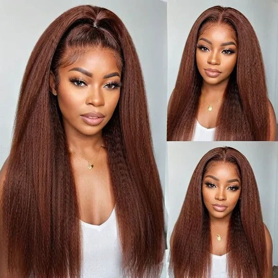 Minice Reddish Brown Kinky Straight 6x6 Invisible Knot Glueless HD Lace Virgin Human Hair Wig